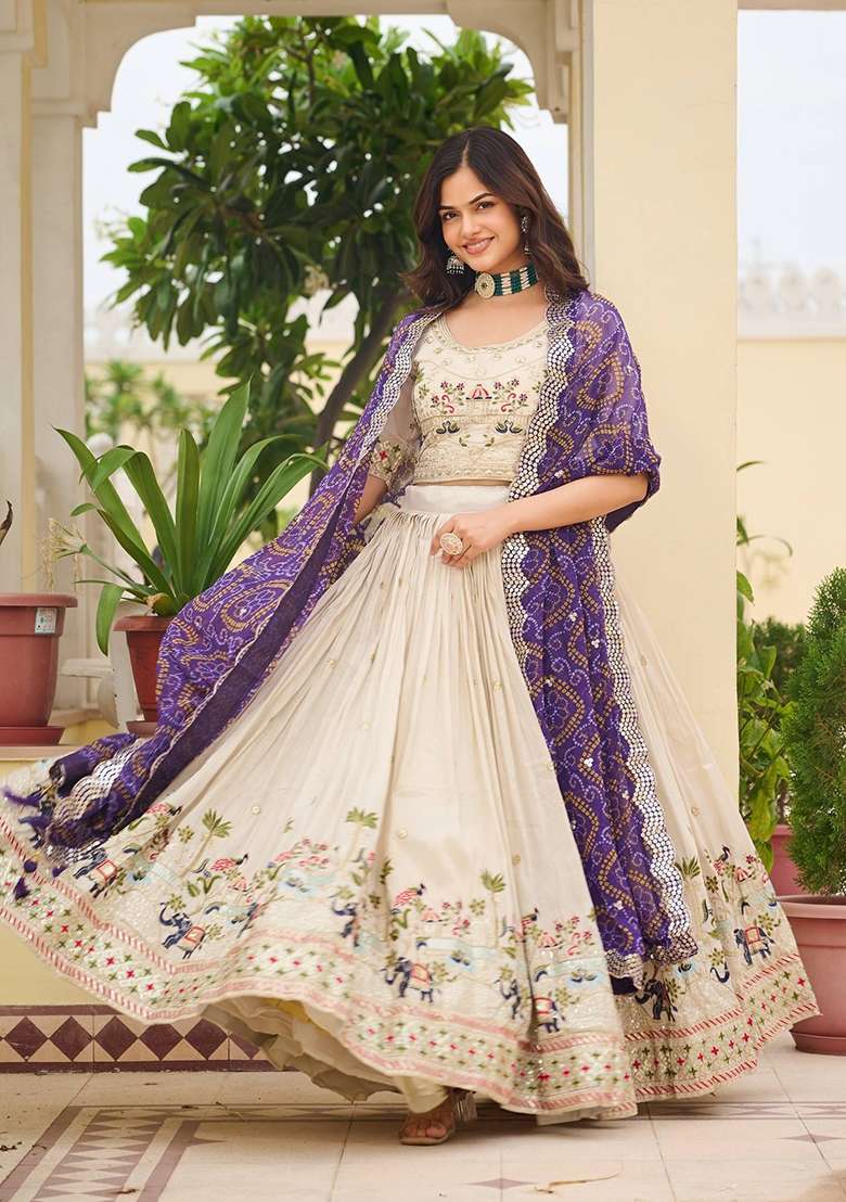 Purple Embroidery Georgette Lehenga Set for Diwali and Festive Wear - Indya