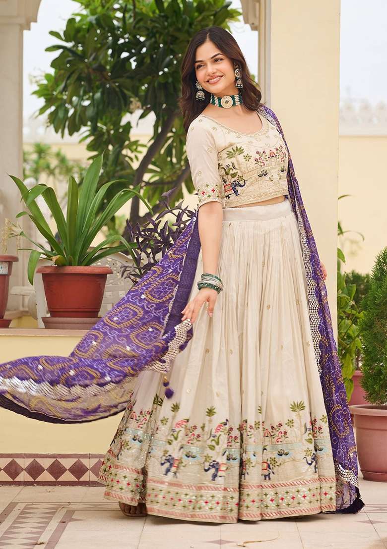 Purple Embroidery Georgette Lehenga Set for Diwali and Festive Wear - Indya
