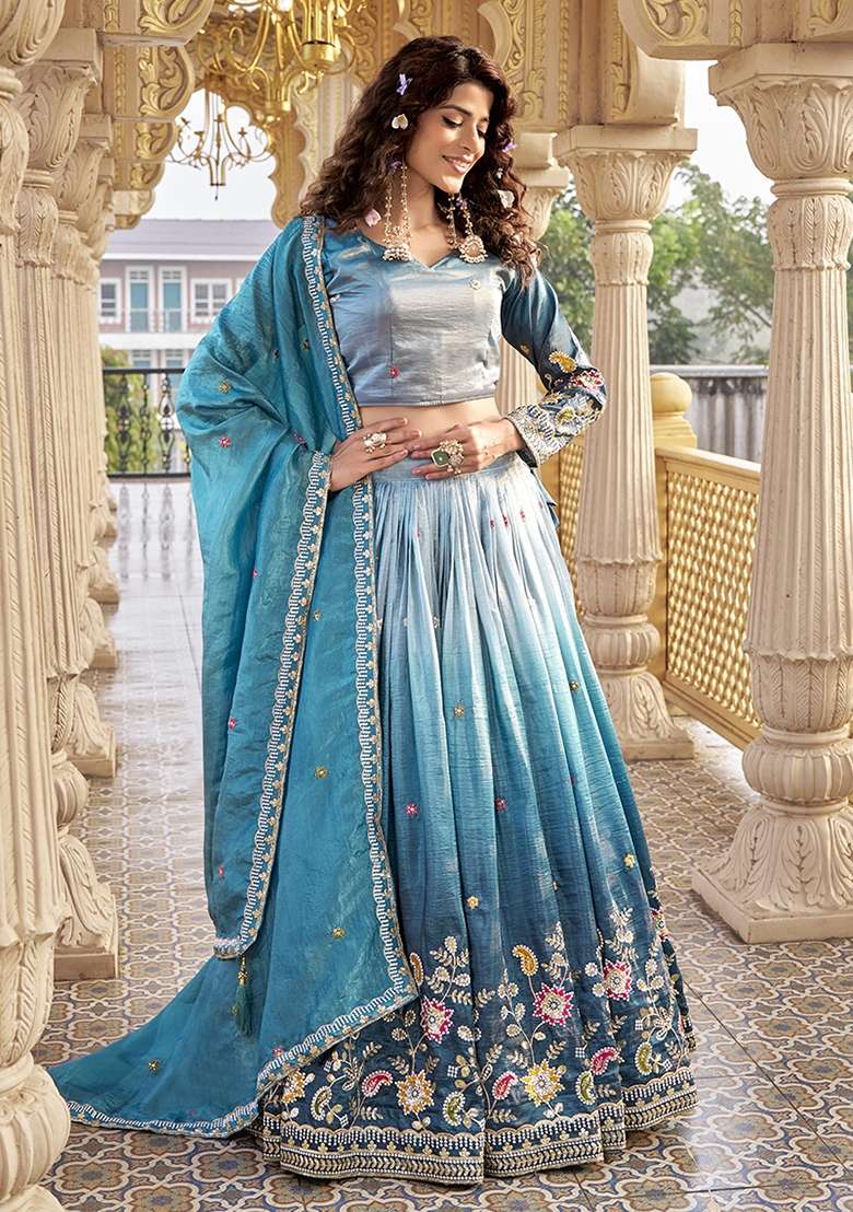 Teal Embroidery Gold Crush Lehenga Set for Diwali and Festive Wear - Indya