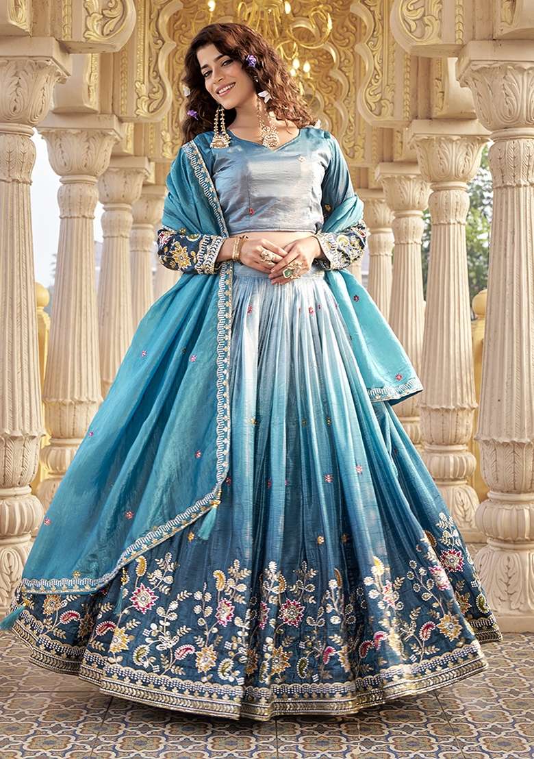 Teal Embroidery Gold Crush Lehenga Set for Diwali and Festive Wear - Indya
