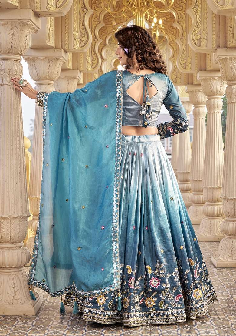 Teal Embroidery Gold Crush Lehenga Set for Diwali and Festive Wear - Indya