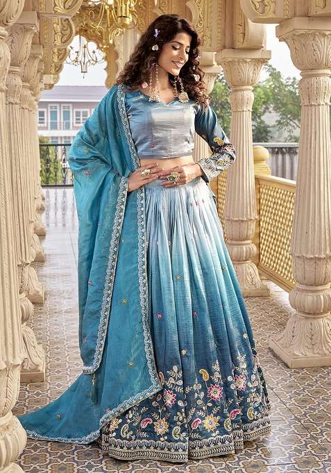 Teal Embroidery Gold Crush Lehenga Set for Diwali and Festive Wear
