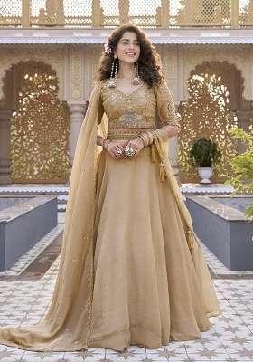 Cream Crunchy Lehenga Set with Embroidery for Diwali | Wedding & Festive Wear