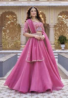 Light Pink Crunchy Lehenga Set with Embroidery for Diwali | Wedding & Festive Wear