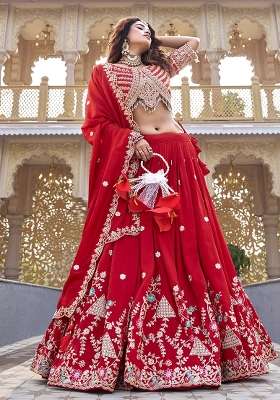Red Vichitra Lehenga Set with Embroidery for Diwali | Wedding & Festive Wear