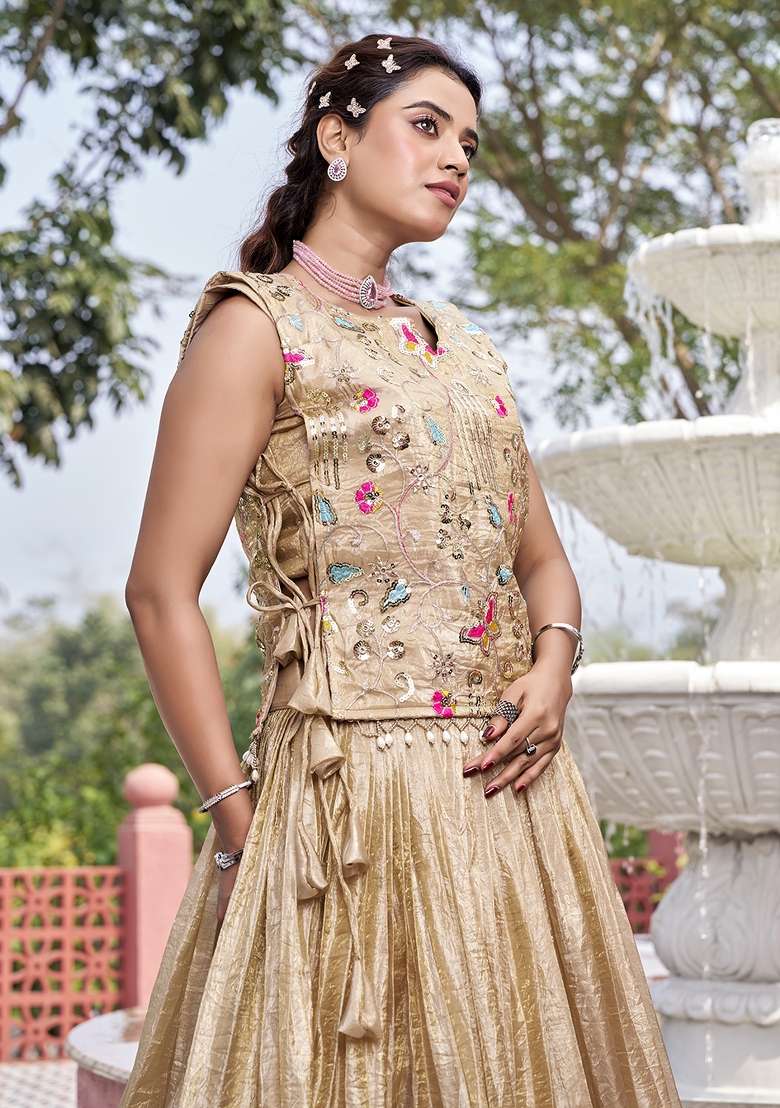 Cream Gold Crush Lehenga Set with Embroidery for Diwali | Wedding & Festive Wear - Indya