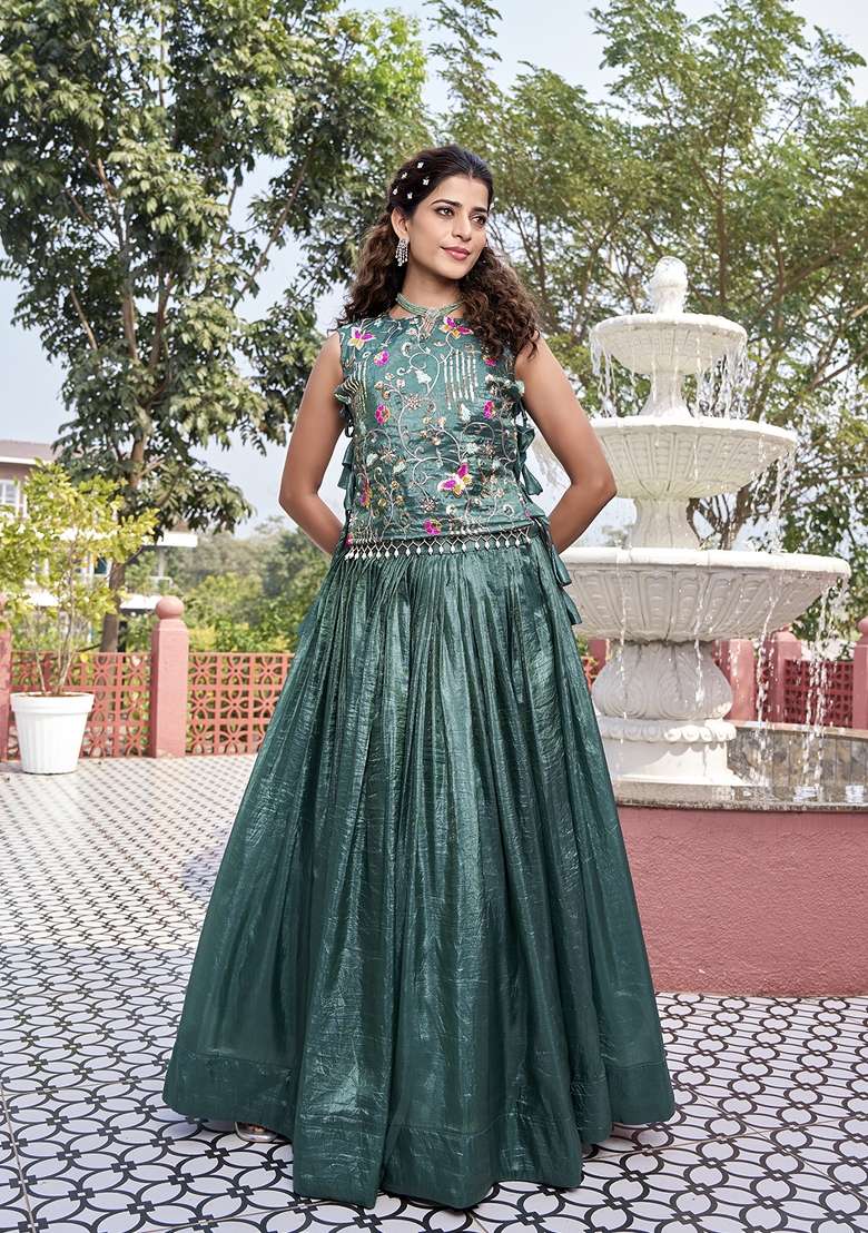 Green Embroidery Gold Crush Lehenga Set for Diwali and Festive Wear - Indya