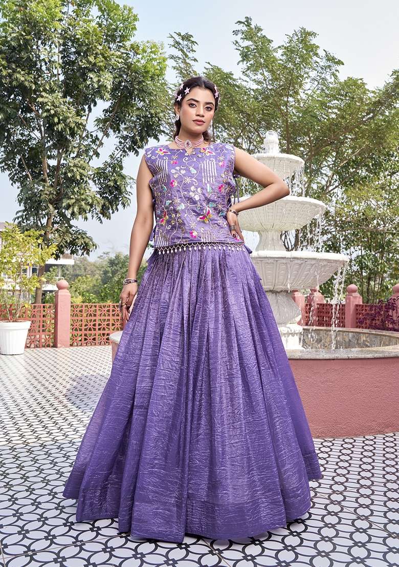 Purple Gold Crush Lehenga Set with Embroidery for Diwali | Wedding & Festive Wear - Indya