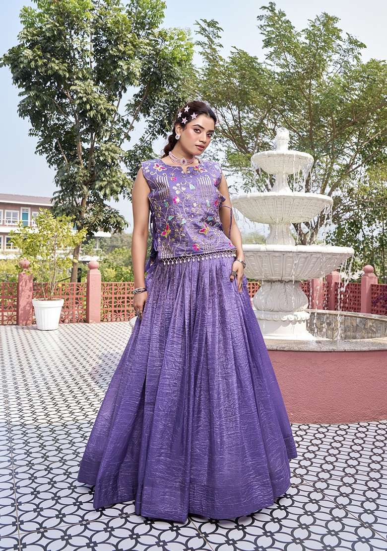 Purple Gold Crush Lehenga Set with Embroidery for Diwali | Wedding & Festive Wear - Indya