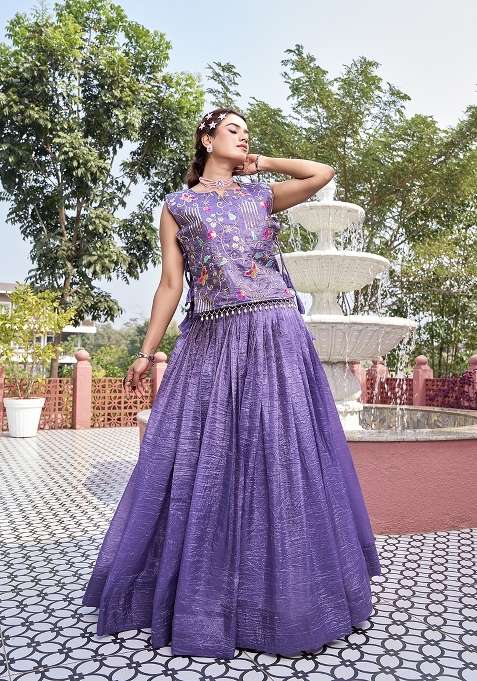 Purple Gold Crush Lehenga Set with Embroidery for Diwali | Wedding & Festive Wear