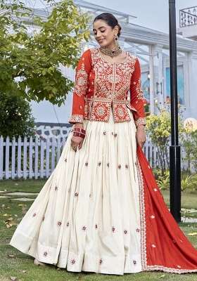 Orange Vichitra Lehenga Set with Embroidery for Diwali | Wedding & Festive Wear