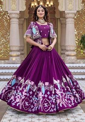 Wine Vichitra Lehenga Set with Embroidery for Diwali | Wedding & Festive Wear