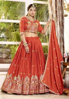 Orange Embroidery Crepe Lehenga Set for Diwali and Festive Wear