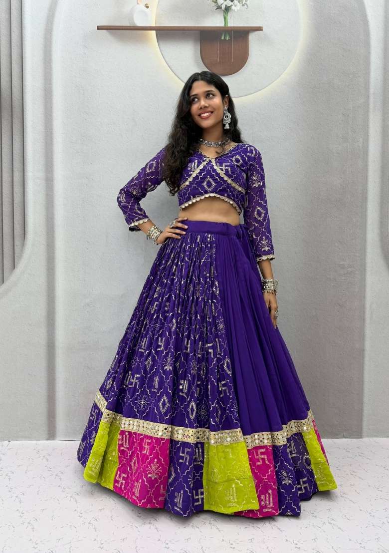 Purple Embroidery Georgette Lehenga Set for Diwali and Festive Wear - Indya