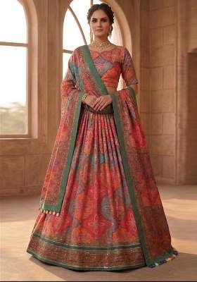 Multicolor Chinon Lehenga Set with Mirror Work for Diwali | Wedding & Festive Wear