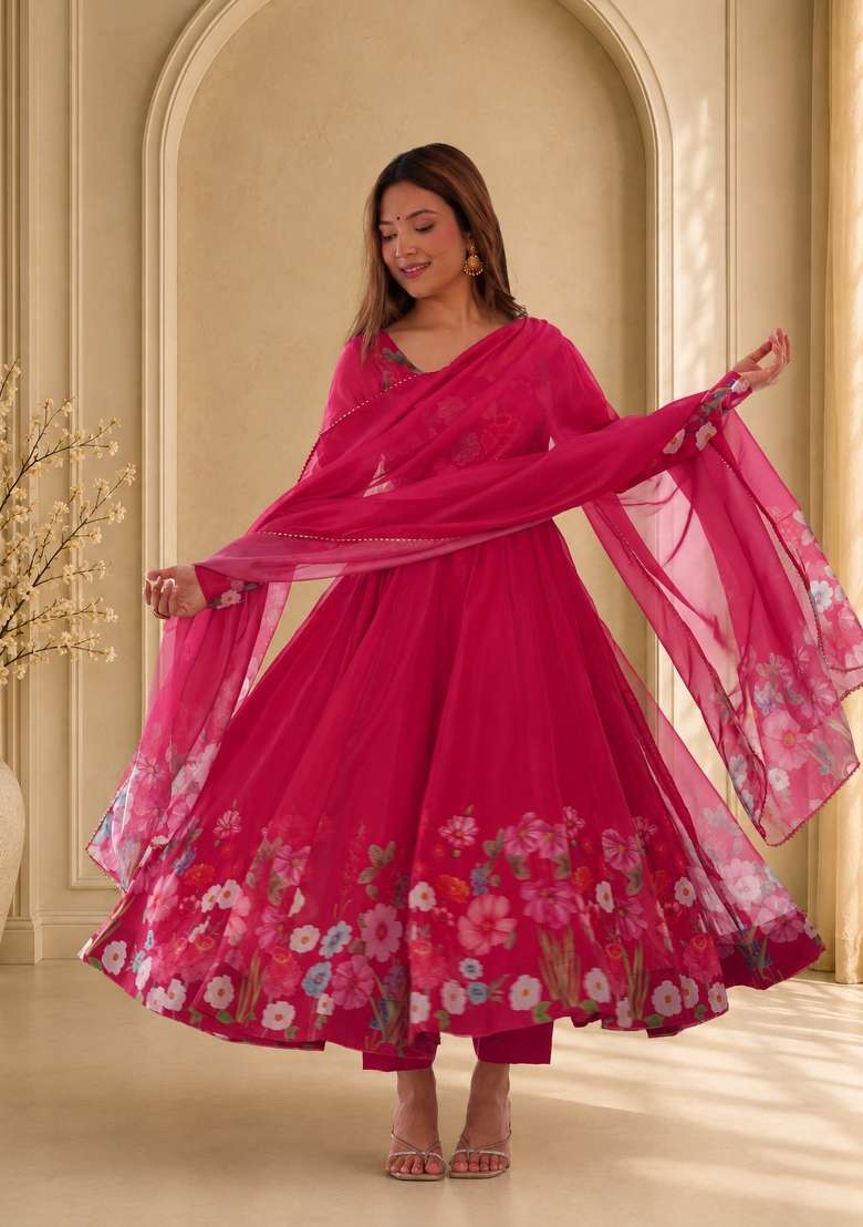 Pink Zari Work Silk Anarkali Set - Indya