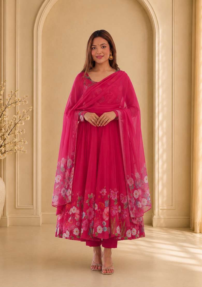 Pink Zari Work Silk Anarkali Set - Indya