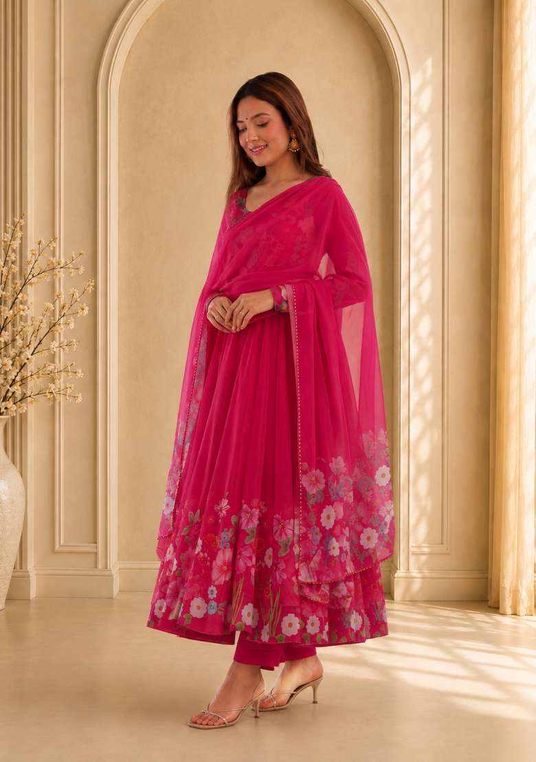 Pink Zari Work Silk Anarkali Set - Indya