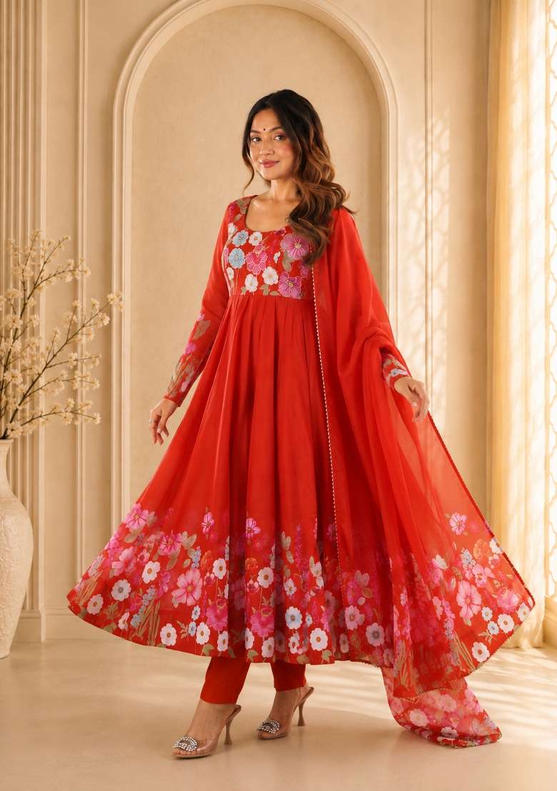 Rust Orange Zari Work Silk Anarkali Set - Indya