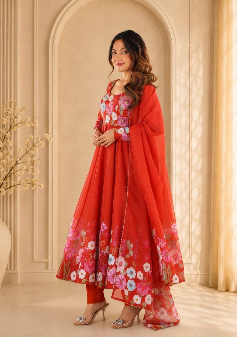 Rust Orange Zari Work Silk Anarkali Set - Indya
