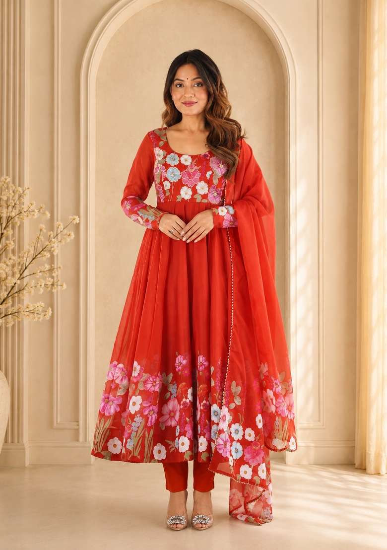 Rust Orange Zari Work Silk Anarkali Set - Indya