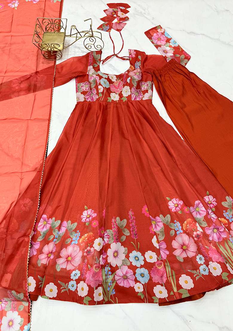 Rust Orange Zari Work Silk Anarkali Set - Indya