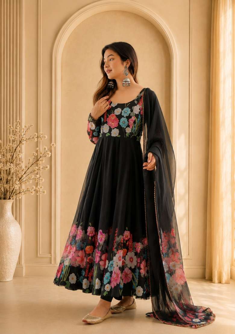 Black Zari Work Silk Anarkali Set - Indya