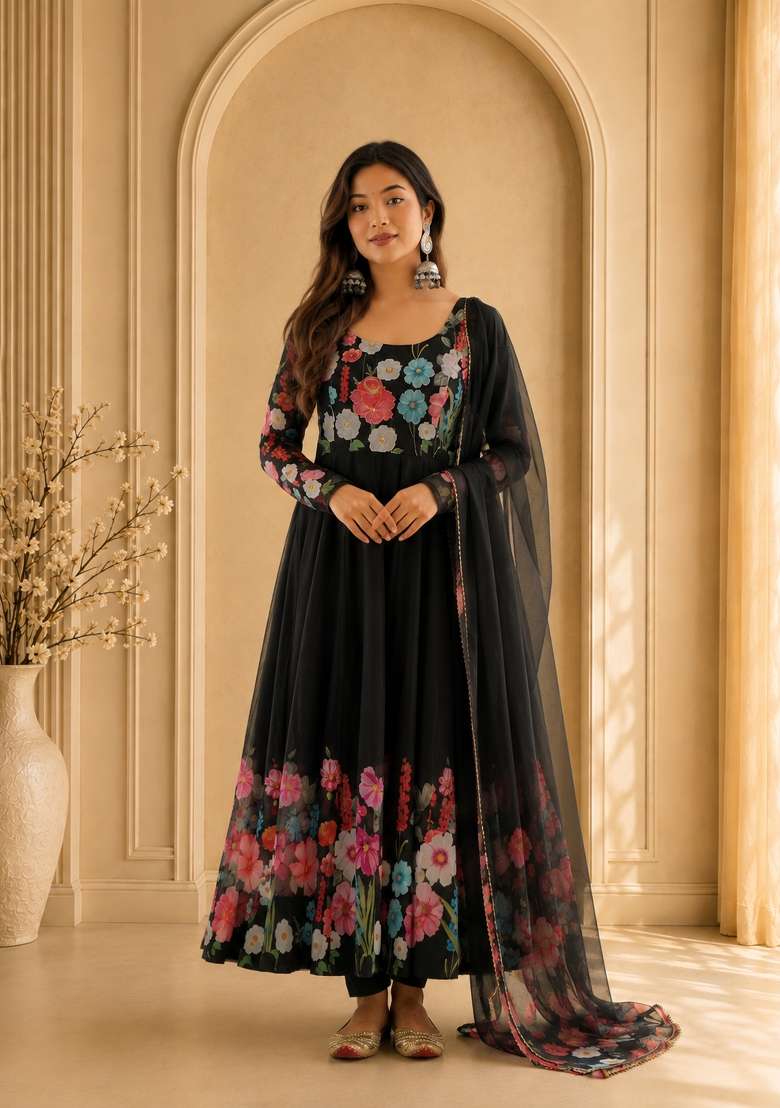 Black Zari Work Silk Anarkali Set - Indya