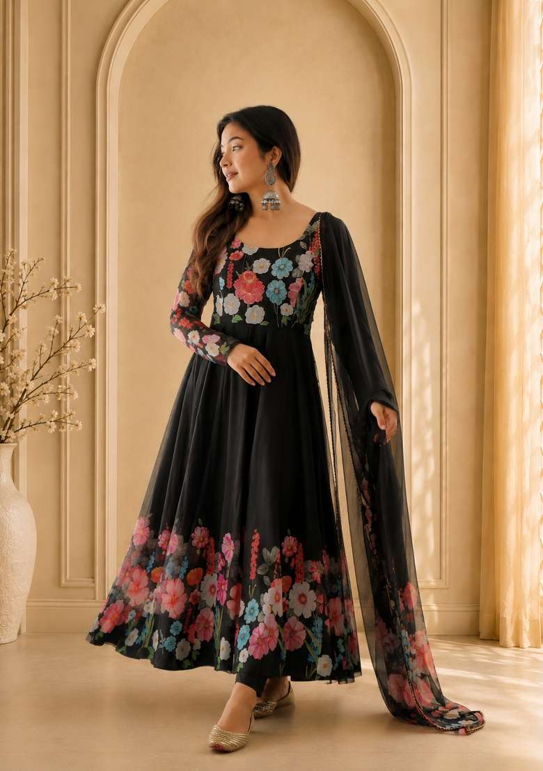 Black Zari Work Silk Anarkali Set - Indya