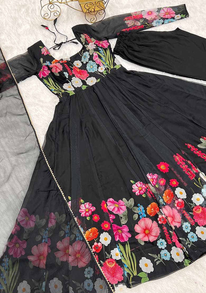Black Zari Work Silk Anarkali Set - Indya