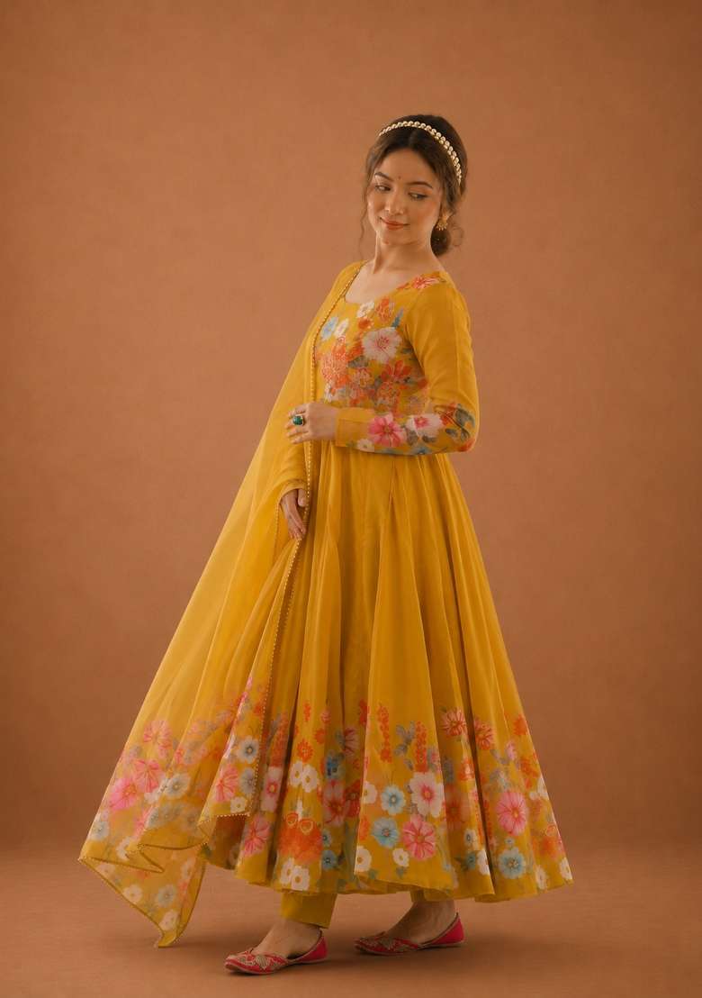Yellow Zari Work Silk Anarkali Set - Indya