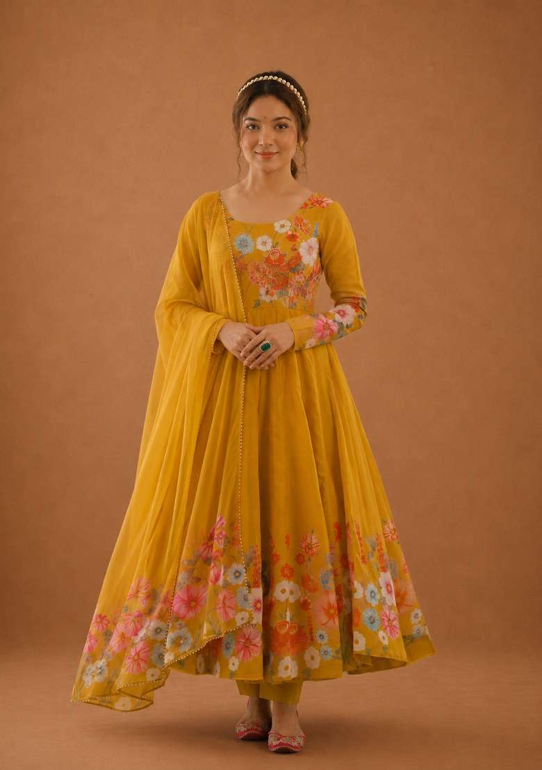 Yellow Zari Work Silk Anarkali Set - Indya
