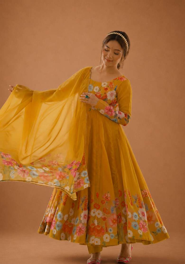 Yellow Zari Work Silk Anarkali Set - Indya