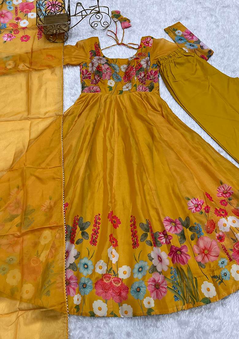 Yellow Zari Work Silk Anarkali Set - Indya