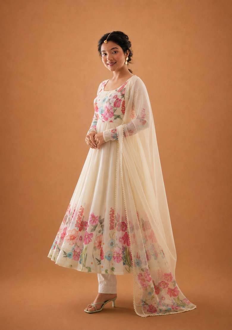 Cream Zari Work Silk Anarkali Set - Indya