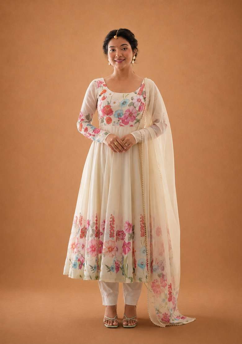 Cream Zari Work Silk Anarkali Set - Indya