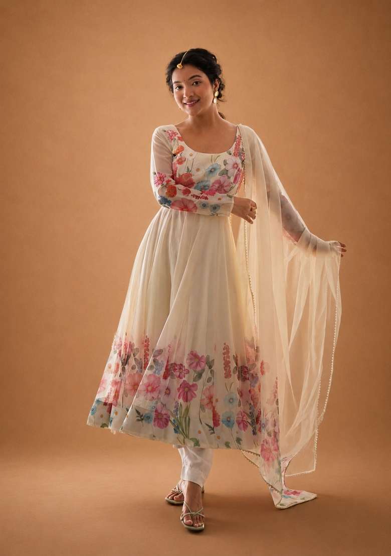Cream Zari Work Silk Anarkali Set - Indya