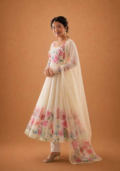 Cream Zari Work Silk Lehenga Set