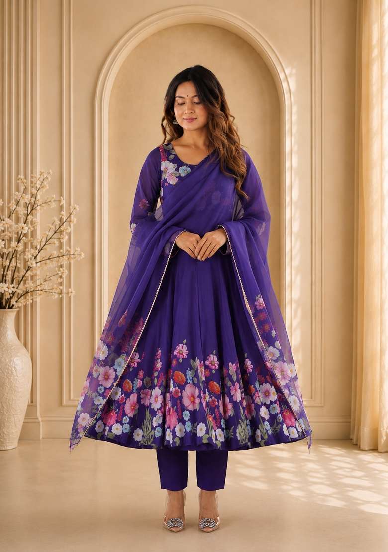 Purple Zari Work Silk Anarkali Set - Indya
