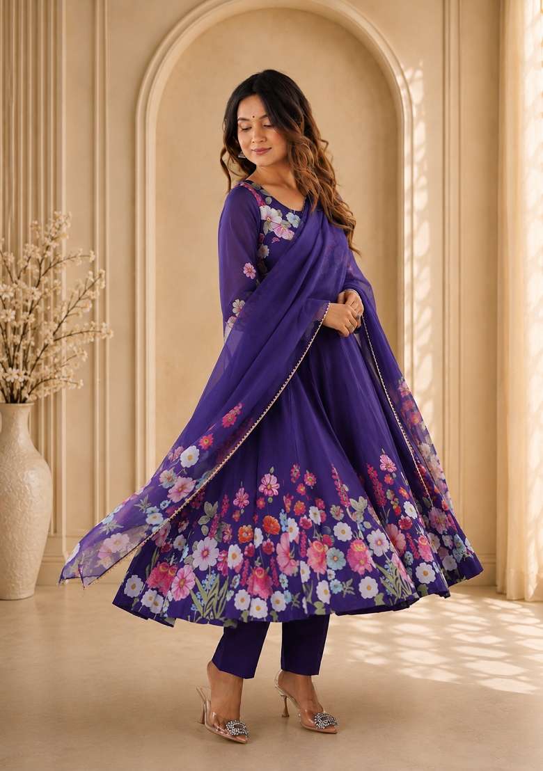 Purple Zari Work Silk Anarkali Set - Indya