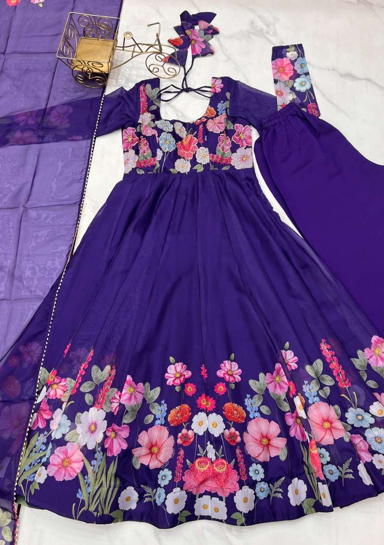 Purple Zari Work Silk Anarkali Set - Indya