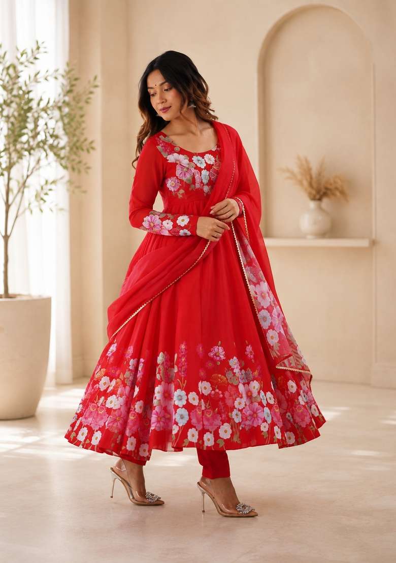 Red Zari Work Silk Anarkali Set - Indya