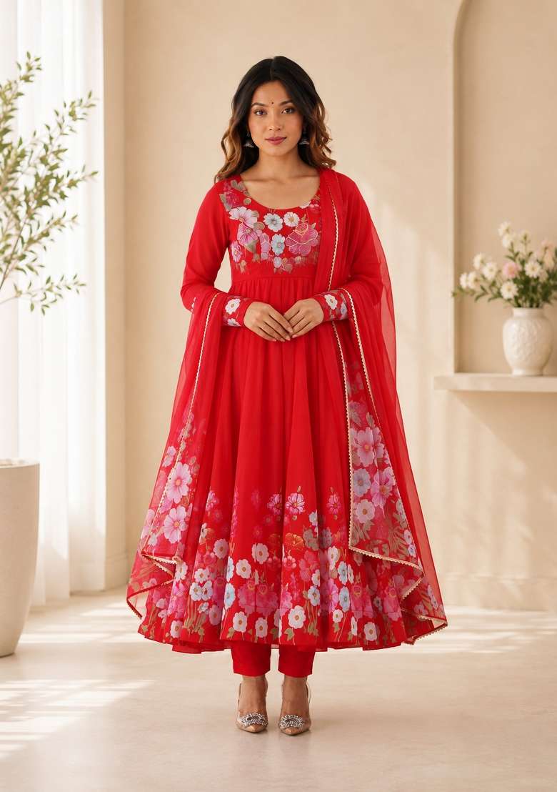 Red Zari Work Silk Anarkali Set - Indya