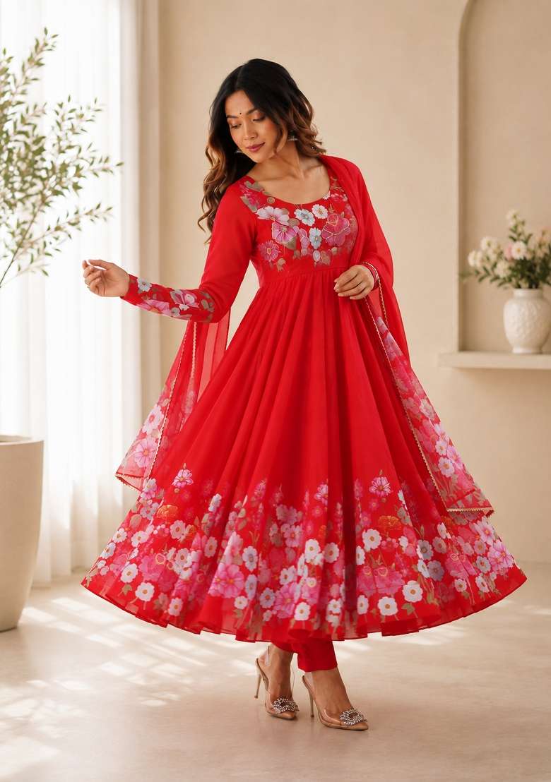Red Zari Work Silk Anarkali Set - Indya