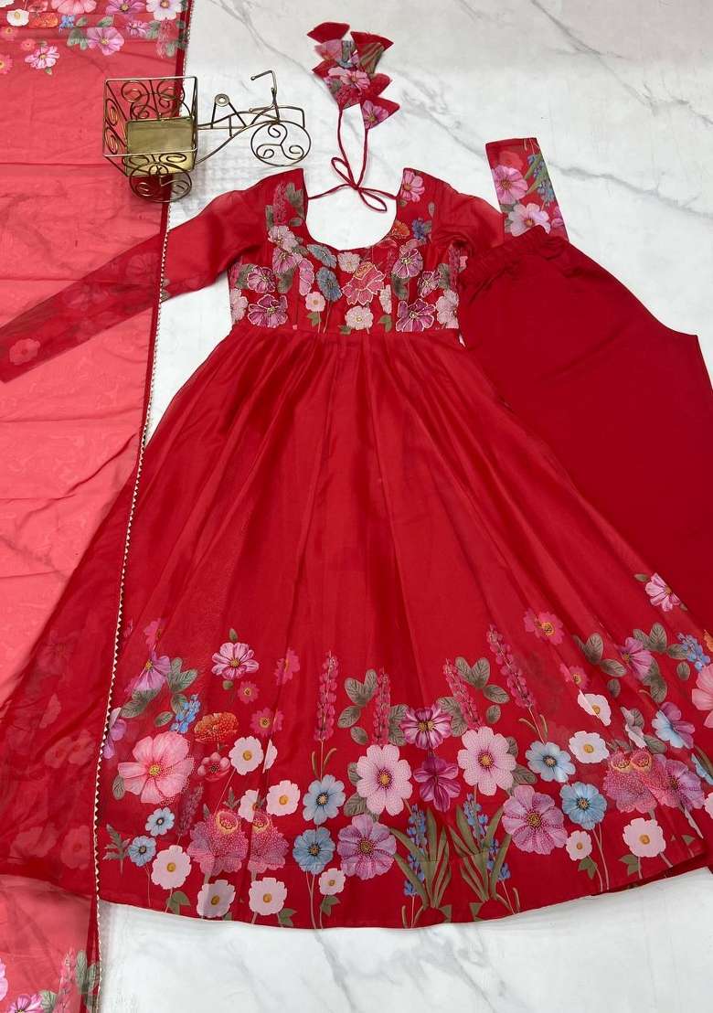 Red Zari Work Silk Anarkali Set - Indya