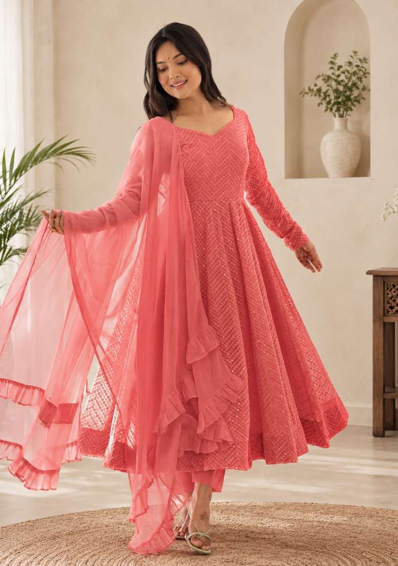 Pink Sequin Work Georgette Anarkali Set - Indya