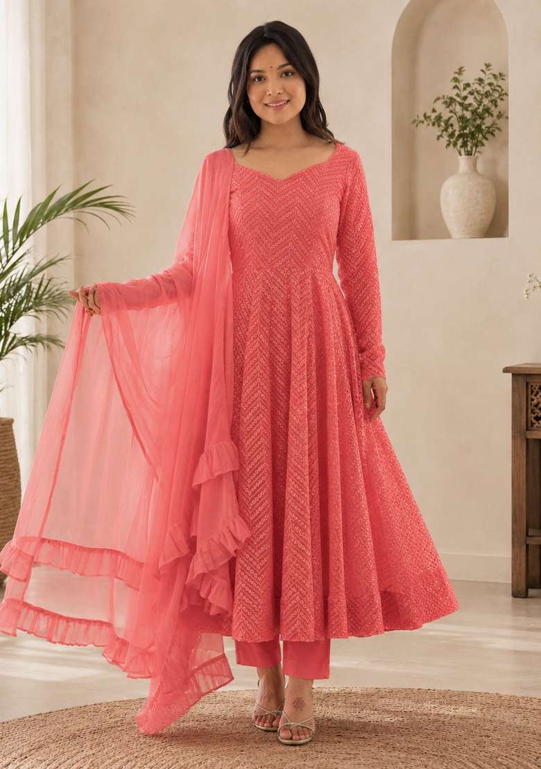 Pink Sequin Work Georgette Anarkali Set - Indya