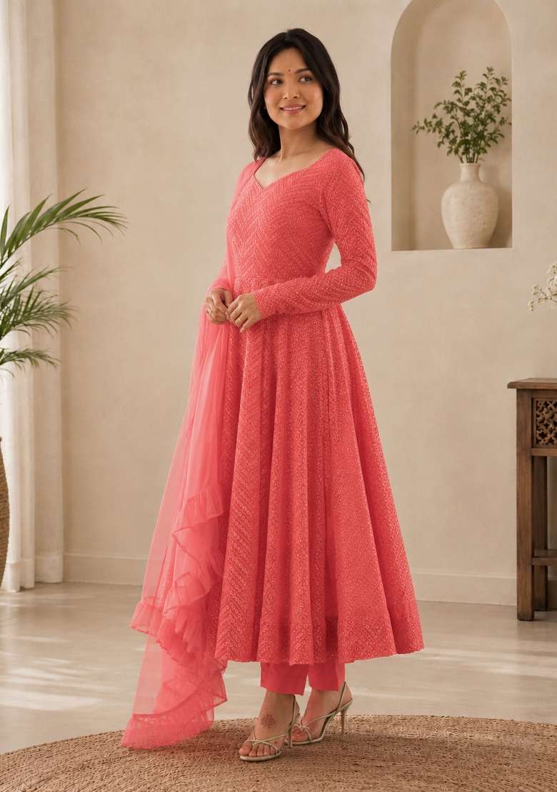 Pink Sequin Work Georgette Anarkali Set - Indya