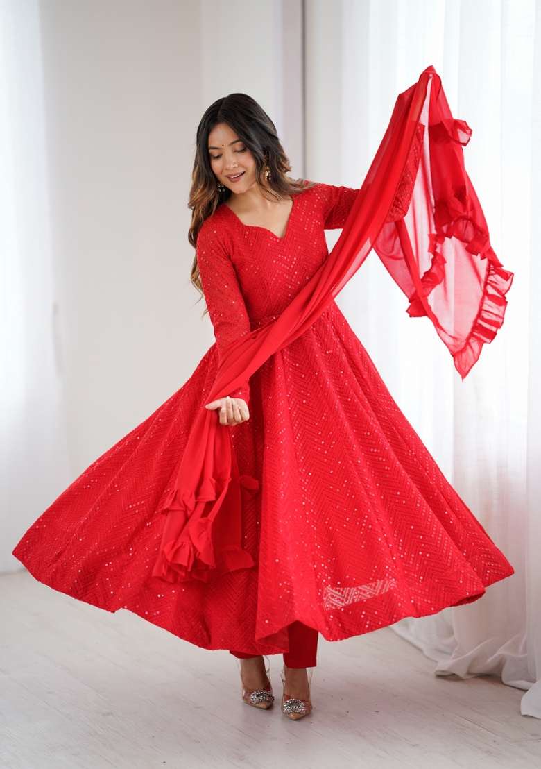 Red Sequin Work Georgette Anarkali Set - Indya