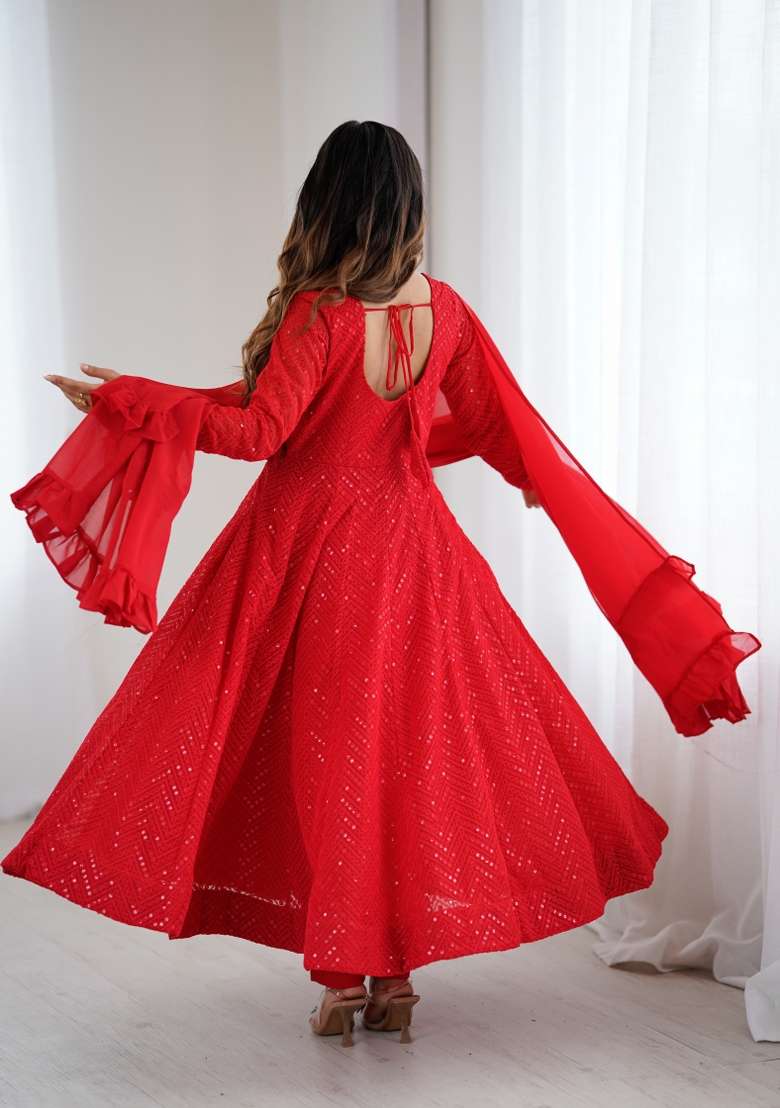 Red Sequin Work Georgette Anarkali Set - Indya